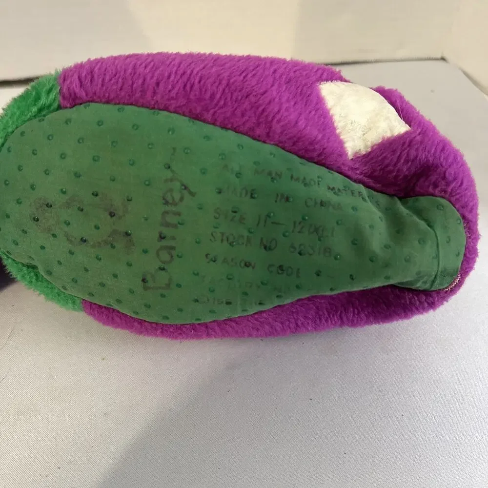 Vintage Barney Dinosaur Plush Slippers Purple Green Kids XL 11–12 1993